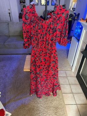 SALONI Red and Black Printed Puff Sleeve Midi Dress